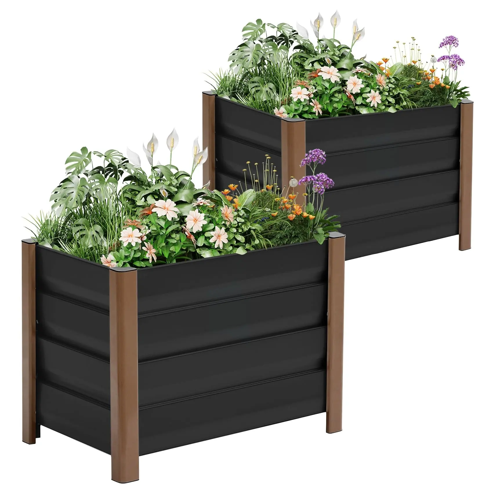 Garvee New Upgraded 2-Pack Deep Base Aluminum Raised Garden Bed Elevated Planter Box with Drainage Holes Single Tier Metal Vegetable Flower Box for Outdoor Patio Balcony
