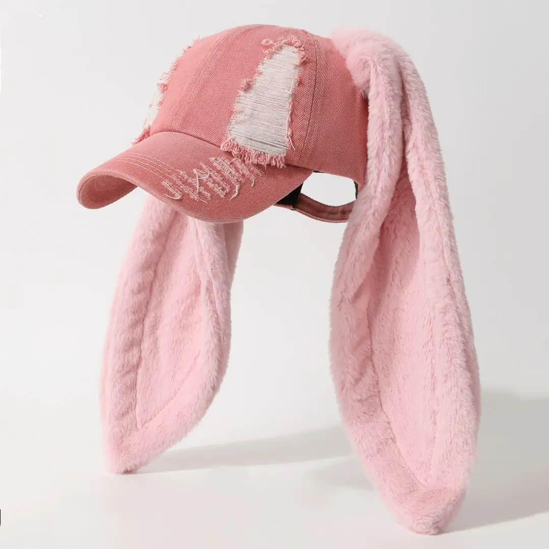 Women's Denim Baseball Cap with Extra-Long Plush Bunny Ears, Vintage Rabbit Ear Hat with Distressed Patches, Adjustable Back Cute Novelty Hat, Suitable for Cosplay Parties, Streetwear and Festivals