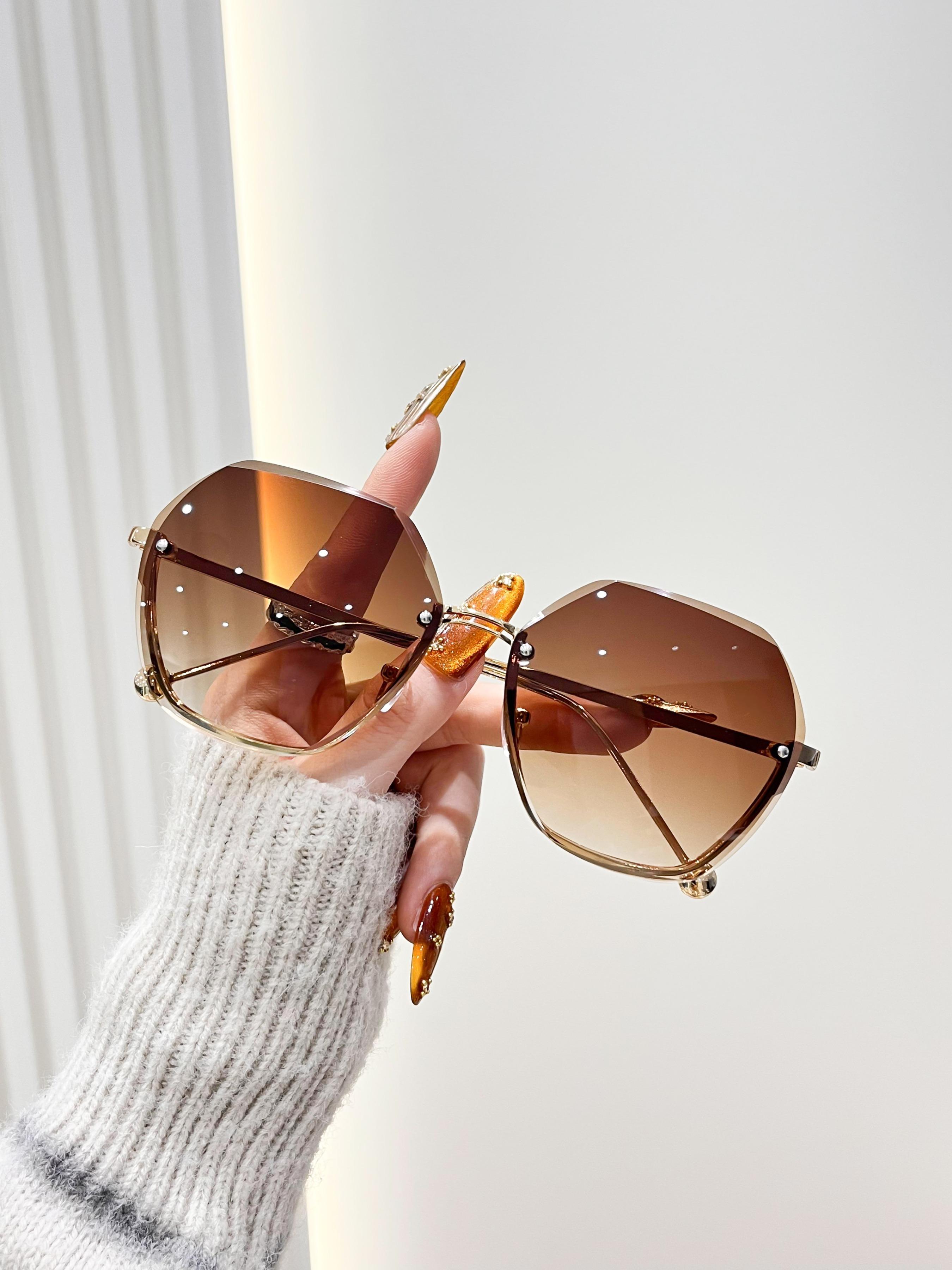 Elegant Gold Gradient Frameless Sunglasses for Women, Hexagonal Large Metal Arms, UV Protection Multi-Color Shades Ideal for Party, Daily Wear, Travel & Holiday Gifting