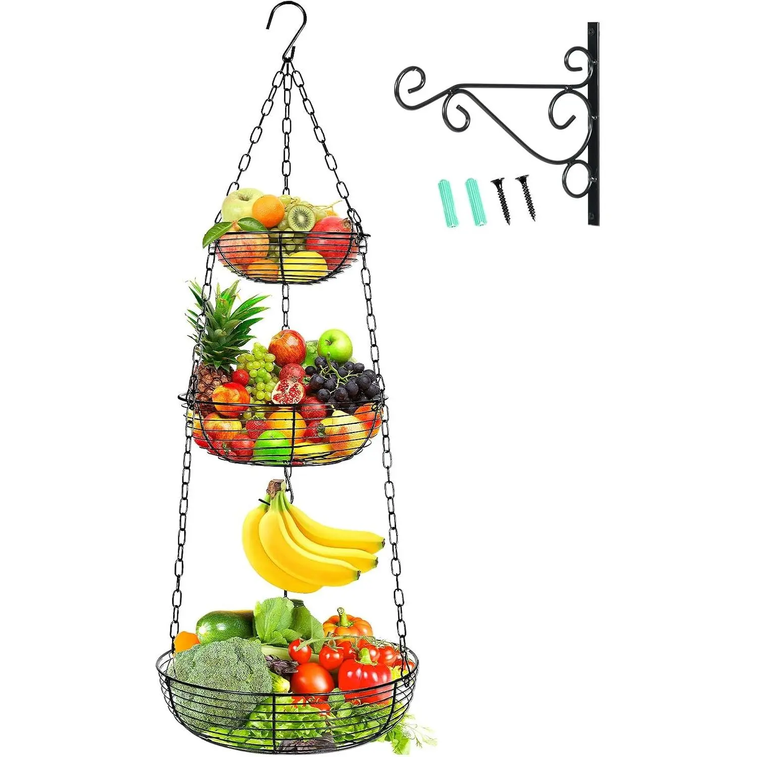 3 Tier Hanging Fruit Basket with Banana Hook, 36-Inch Heavy-Duty Wire Hanging Baskets for Kitchen Storage, Vegetable Produce Organizer (Including Installation Bracket)