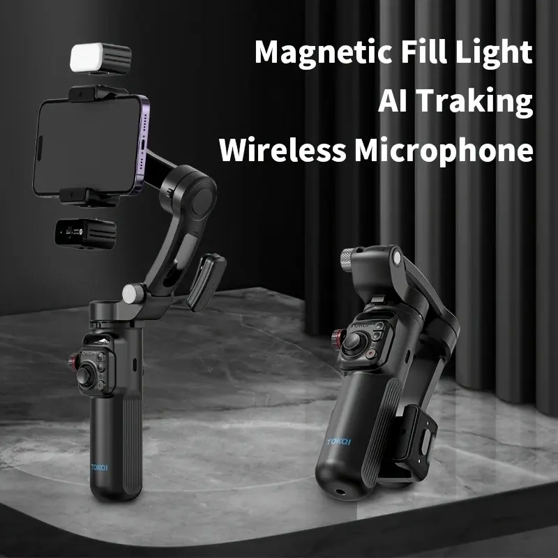 Handheld Three-Axis Folding Gimbal Stabilizer, Smart Ai Face Tracking, Detachable Remote, Light, Mic, 6hr Battery, Travel, Video, Photo, Live Streaming, Phone Gimbal