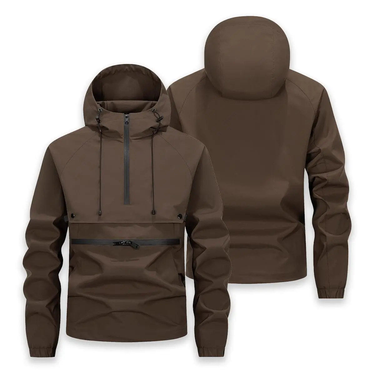 Men Half Zip Pullover Hooded Anorak Jacket Adjustable Drawstring Hood Elastic Cuffs Front Zipper Storage Pocket Loose Fit Windproof Outerwear, Minimalist Solid Pullover Windbreaker for Daily Hiking Travel Outdoor Street Wear