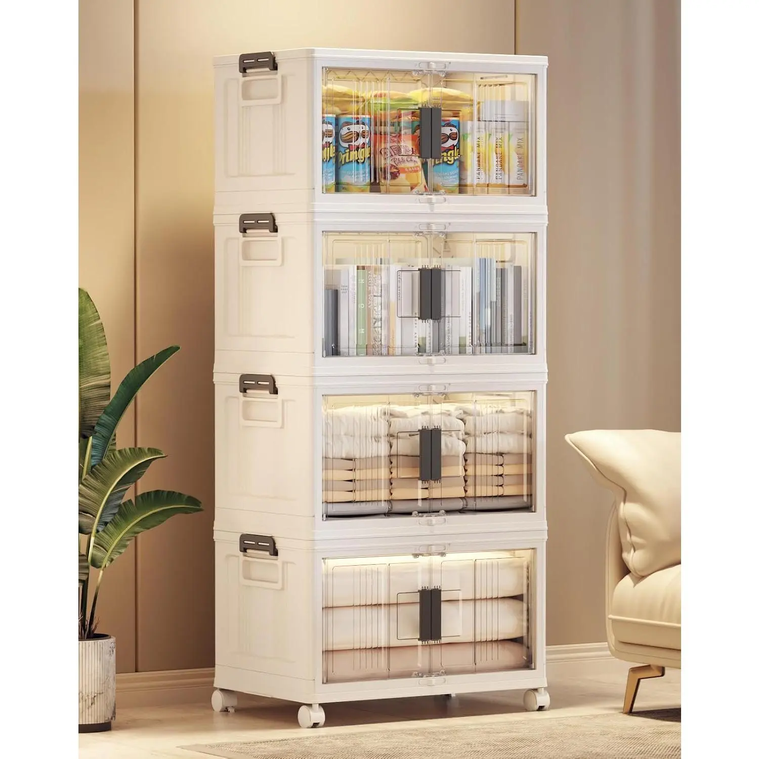 48QT Lockable Storage Bins with  - Folding Storage box with Doors & Wheels, Collapsible Plastic Bins for , Closets, Dorm, School, Stackable Storage Organizer& Containers, 4 Pack Cubes