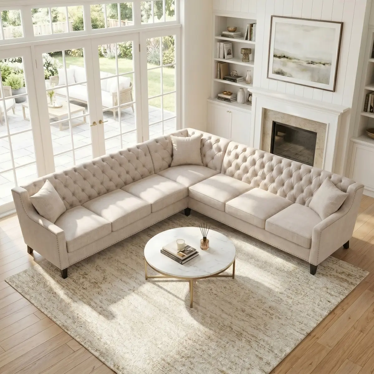Aobtkel 6-Seat L-Shape Corner Sectional Couch, Mid-Century Modern Chesterfield Sofa with Birch Wood Legs, Button-Tufting Backrest, Fabric Cover, Reinforced Frame WL, 6 Seats