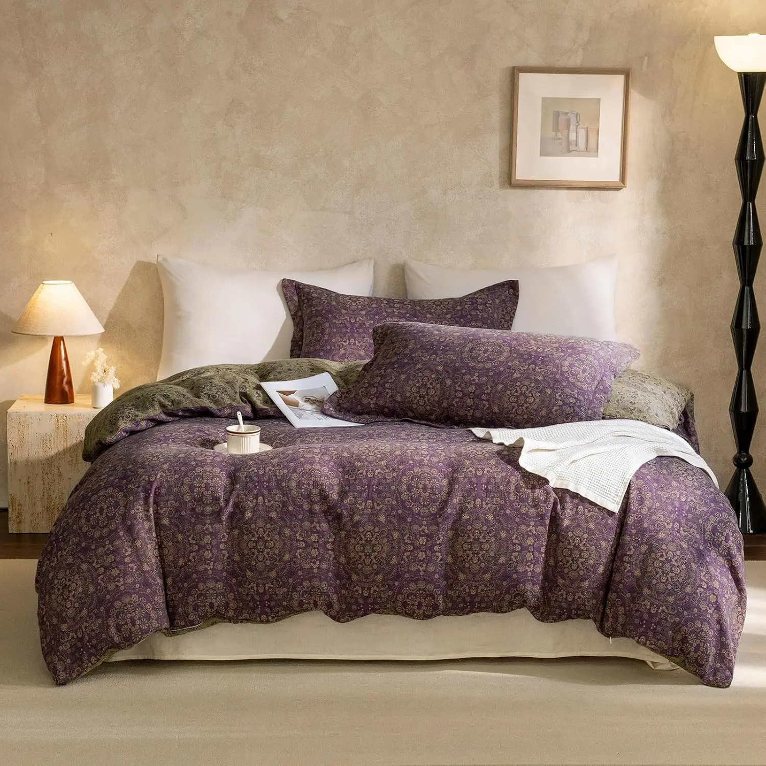 Soft 100% Cotton Muslin Yarn-Dyed Textured Duvet Cover King Chic Shabby Purple Floral Duvet Cover with Zipper Closure Like Gauze Floral Bedding Set with 2 Pillowcases