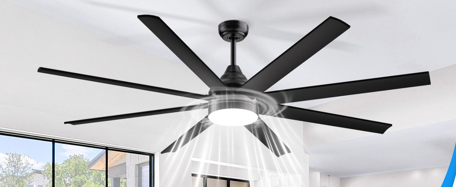 Large Ceiling Fans with Lights and Remote/APP Control, Indoor Outdoor Black Ceiling Fan for Kitchen, Living Room, Patio, 6 Speeds Reversible Quiet DC Motor, 8 Blades