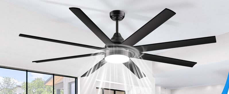 Large Ceiling Fans with Lights and Remote/APP Control, Indoor Outdoor Black Ceiling Fan for Kitchen, Living Room, Patio, 6 Speeds Reversible Quiet DC Motor, 8 Blades