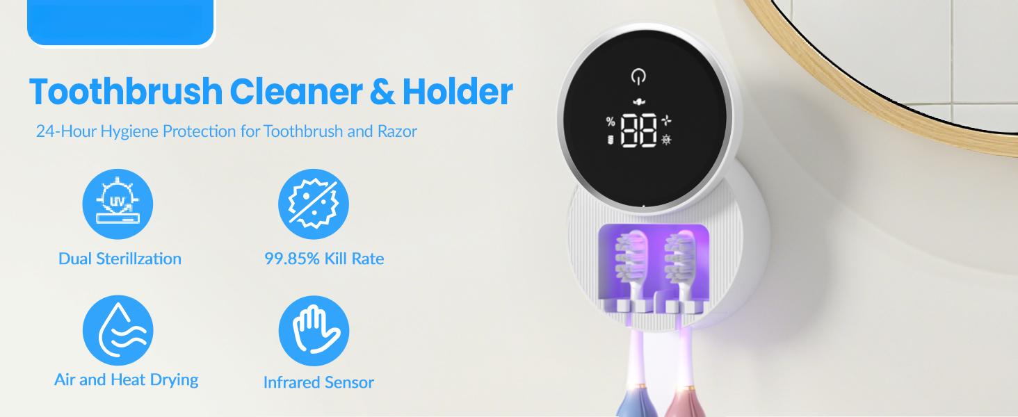 Toothbrush Sanitizer and Holder, Toothbrush Holders for Bathroom, Tooth Brush Wall-Mounted Cleaner Organizer with Auto-Inductive Cover, Air Drying Fits Most Electric