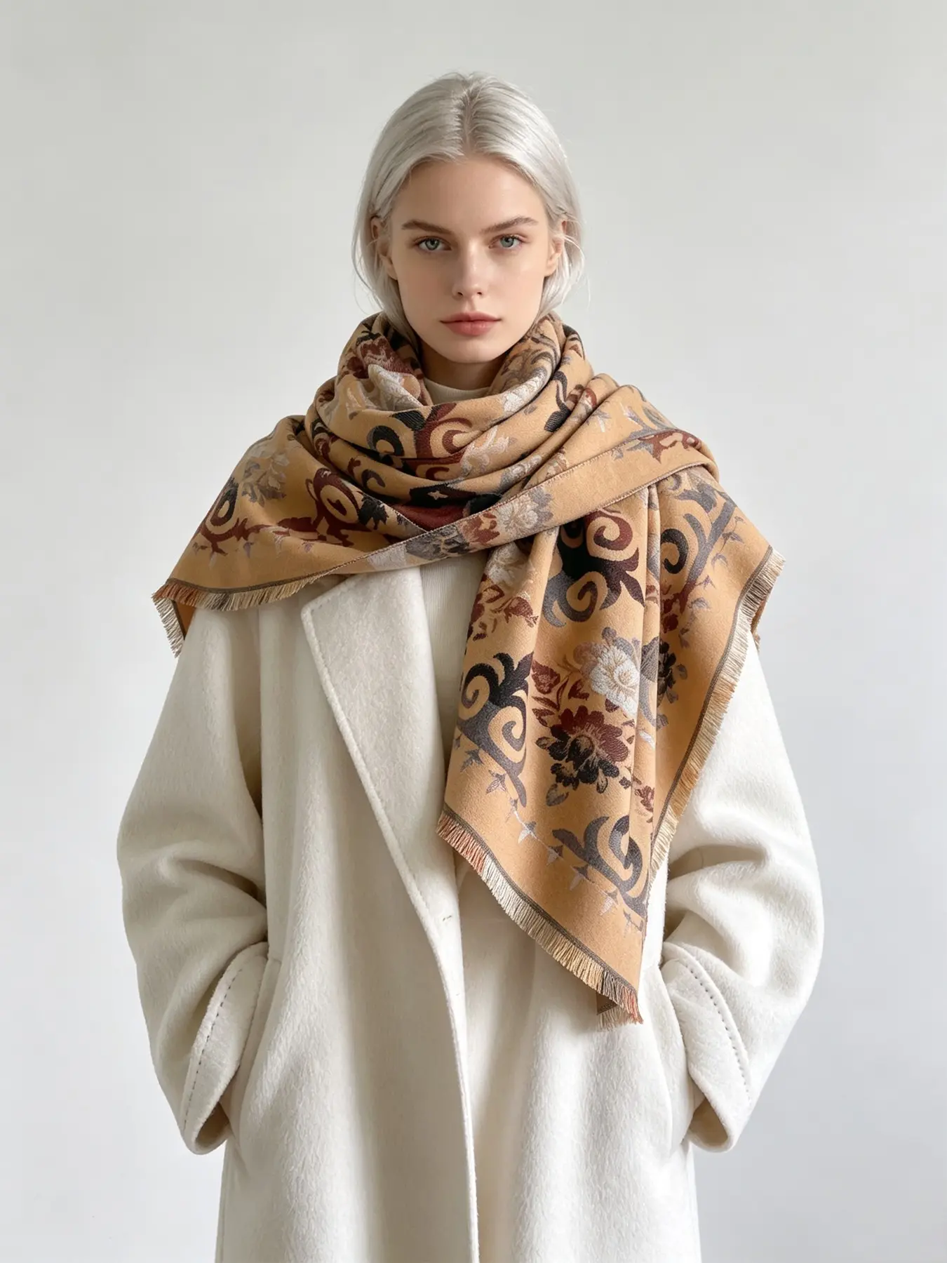 Vintage Scroll Floral Double Sided Blanket Scarf, Soft Cashmere Feel, Large Wrap Shawl for Women, Fall Winter Warm Fashion Scarf, Christmas Gift