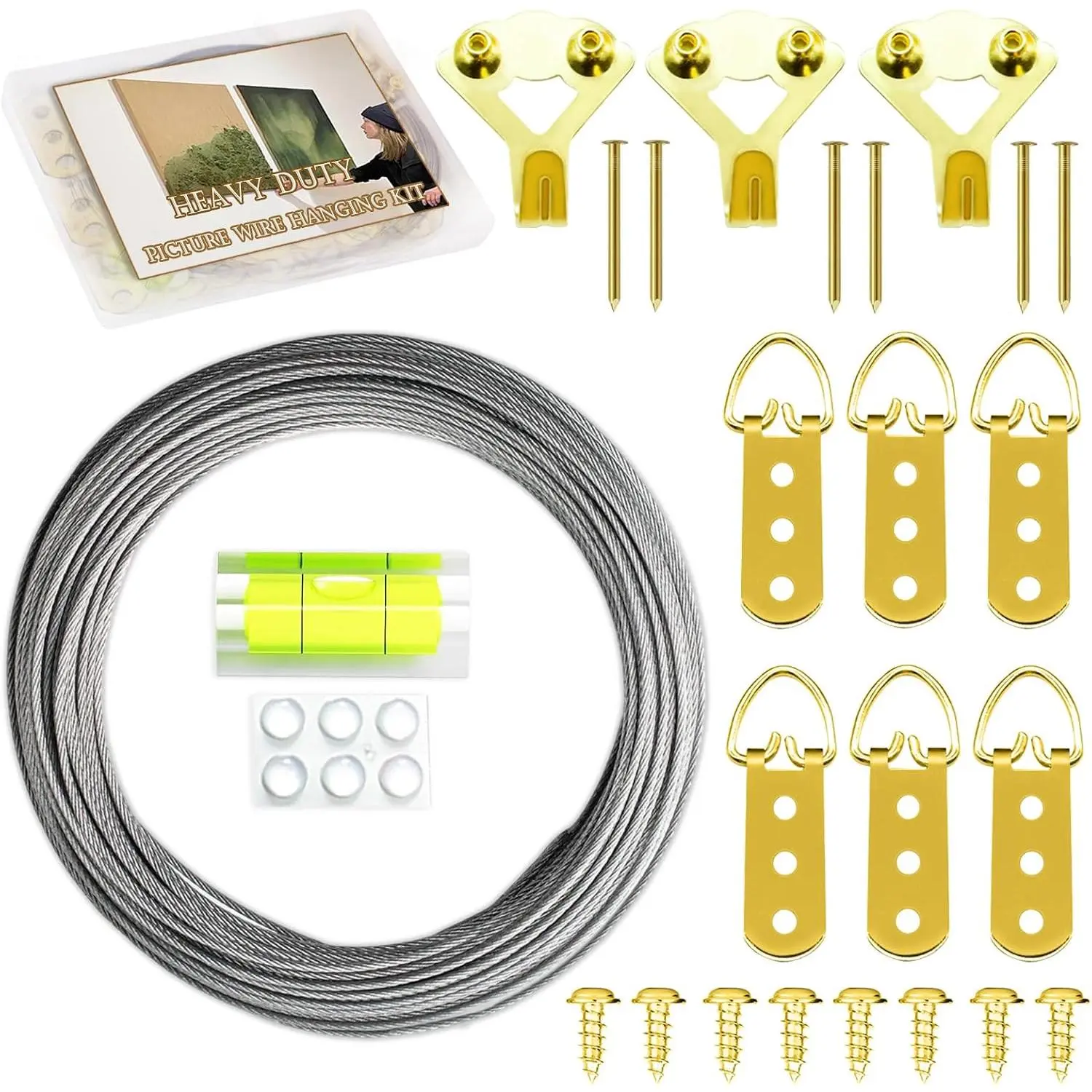 Golden Picture  Kit Picture  Wire Kit Heavy Duty Mirror  Kit,100 lbs 50FT Stainless Steel Wire Hanger Kit,with D-Ring/ Hooks/Screws/Level