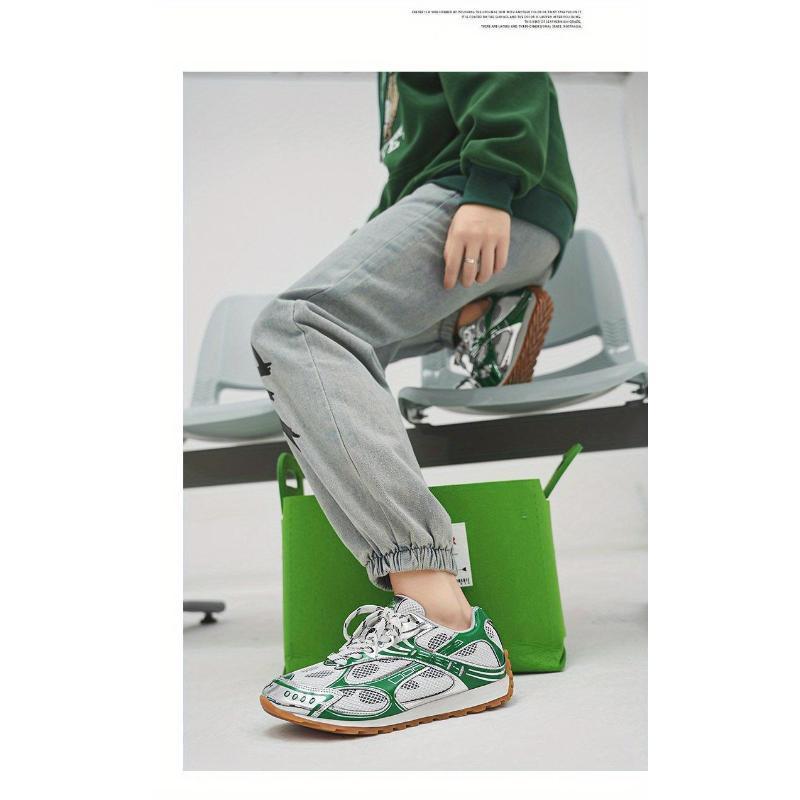 Metallic Mesh Paneled Retro Sneakers, Chunky Gum Sole, Multi Colorway Casual Streetwear Shoes for American Fashion Lovers