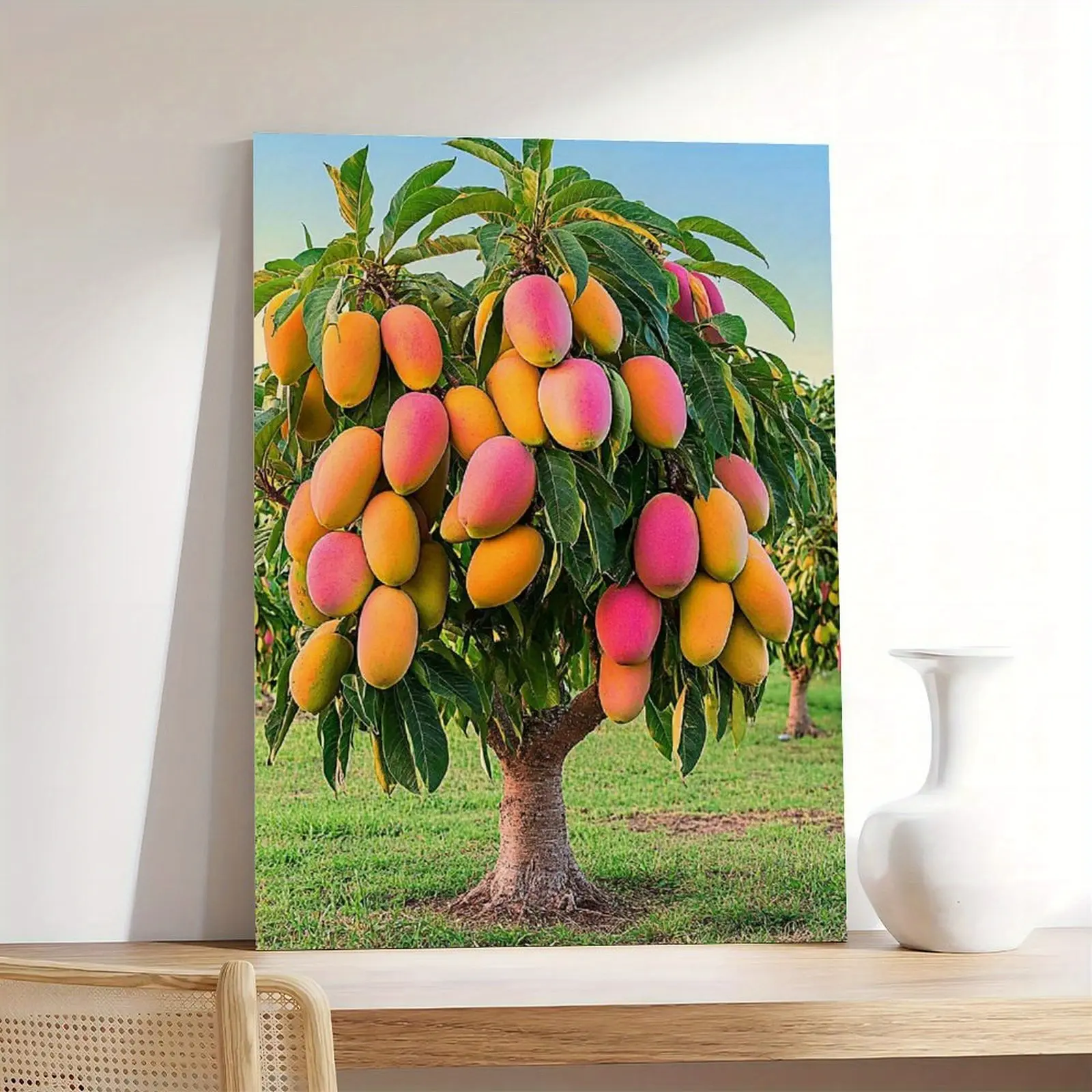1 Piece Tropical Mango Tree Canvas Painting - Pink and Yellow Mango Wall Decor, with Hooks, Modern Farmhouse Style for Kitchen, Living Room, Office Decoration - Mother's Day, Birthday, Housewarming Gift - Ready-to-Hang Framed Art Poster, Vibrant Design, D