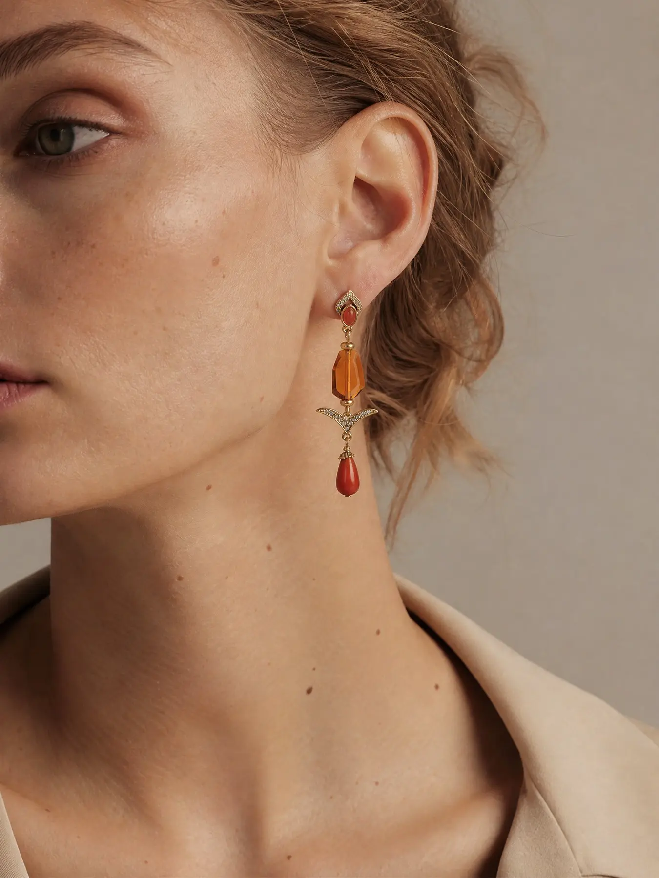 Vintage Elegant Amber Teardrop Earrings, Plated Low Allergy, Copper Crystal Pendant, Women's Party Gift