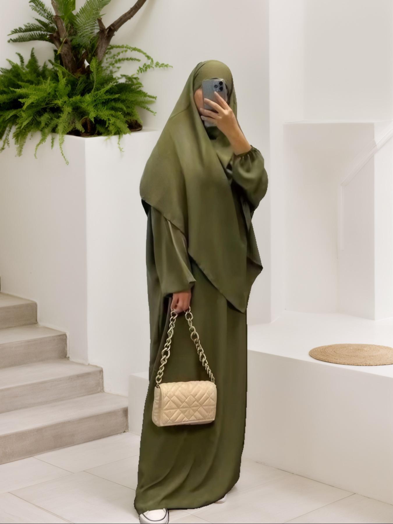 Women's Solid Long Sleeve & Abaya Hijab Set Casual Two-piece Islamic Clothing for Daily Wear, Ladies Islamic Clothing for All Seasons