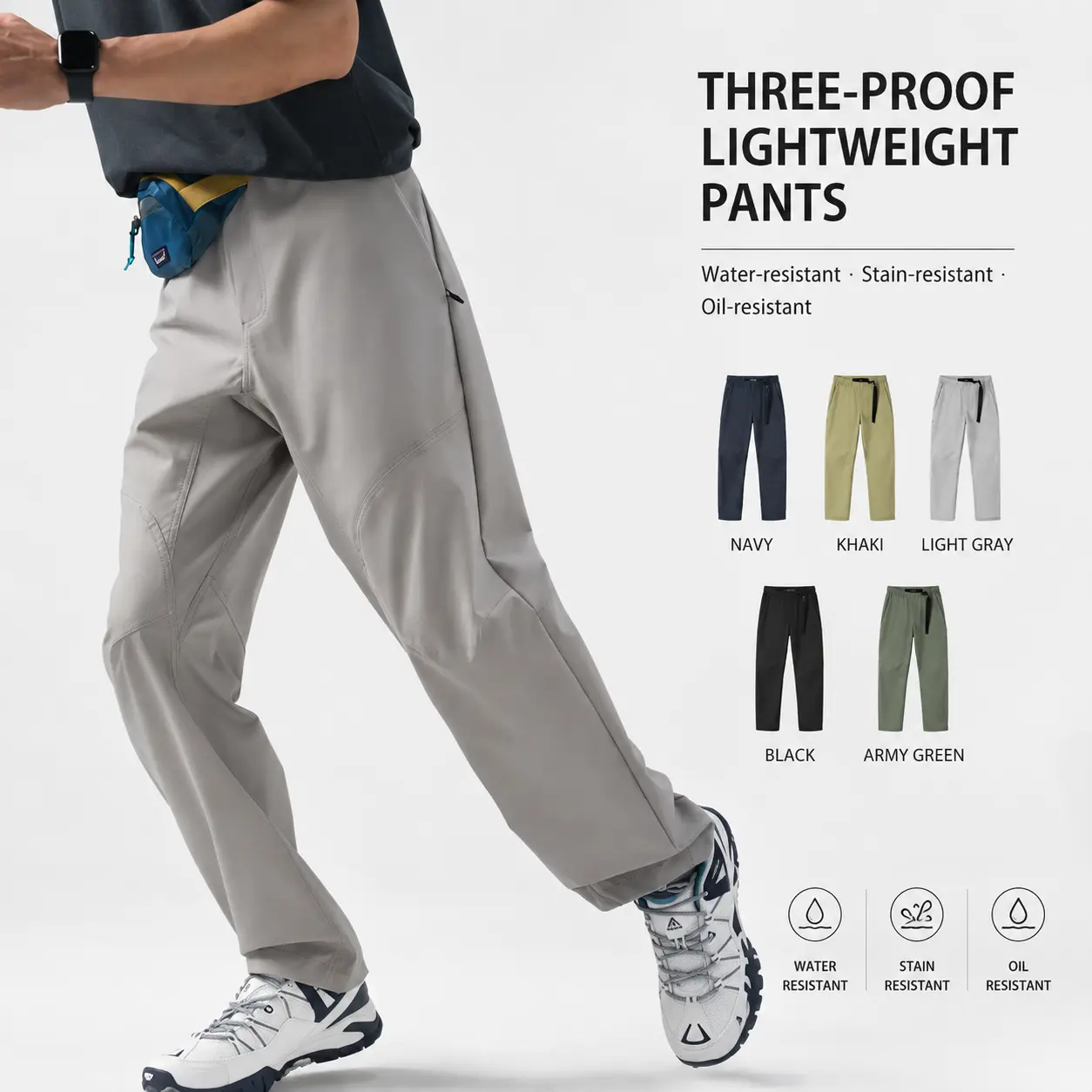 Men's Lightweight Outdoor Pants - 100% Polyester Fabric Menswear, Thin Full-Length Sporty Minimalist Gorpcore Trousers for Hiking, Commuting, Spring-Summer Outfits, Garment, Hoodie, Regular Size