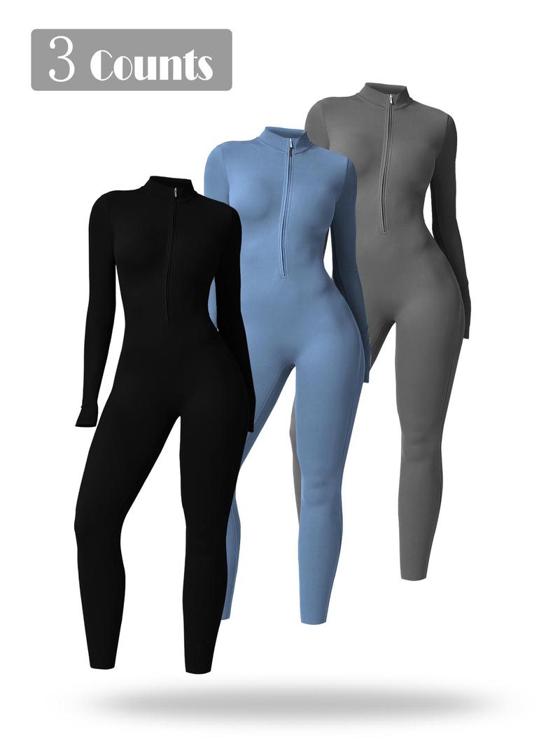 Women's Half-Zip Mock Neck, Comfy Breathable Long Sleeve One-Piece For Gym, Workout Jumpsuits, Stretchable Activewear