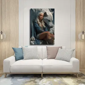 2D Flat, 1pc Wooden Framed Canvas Art Print - Ethereal Woman with Long White Hair & Majestic Wolf Fantasy Wall Decor, Vertical Modern Classic Art Deco Style for Living Room, Bedroom, Bathroom, Kitchen, Dorm - Ready-to-Hang Holiday Gift, Canvas Wall Art Re