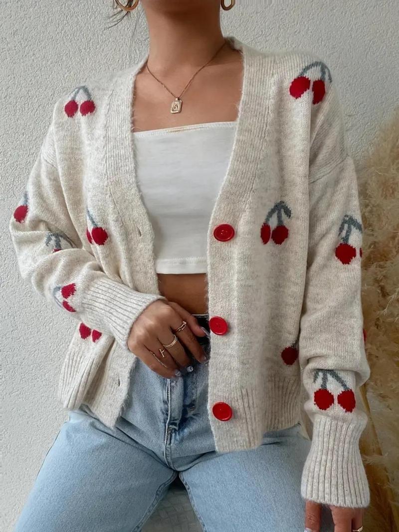 Women's Cherry Pattern Button Front Knitting Longsleeves Cardigans, Casual Elegant Long Sleeve Sweater Cardigan for Fall & Winter, Women's Knit Clothing for Daily Wear, Cardigan for Women, Women's Cardigan, Womenswear, Knitwear,Clothe Knitted Outfit Tops