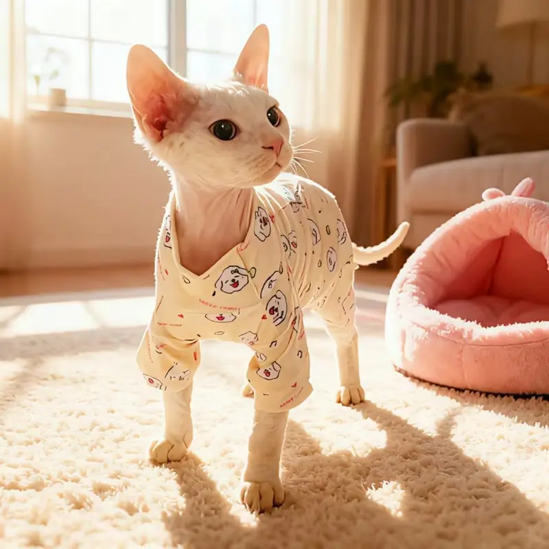 Soft Stretchable Fleece Cat Bodysuit with Four Legs Coverage Ideal for Sphynx Devon Rex and Bald Kittens All Season Comfortable Pet Clothing