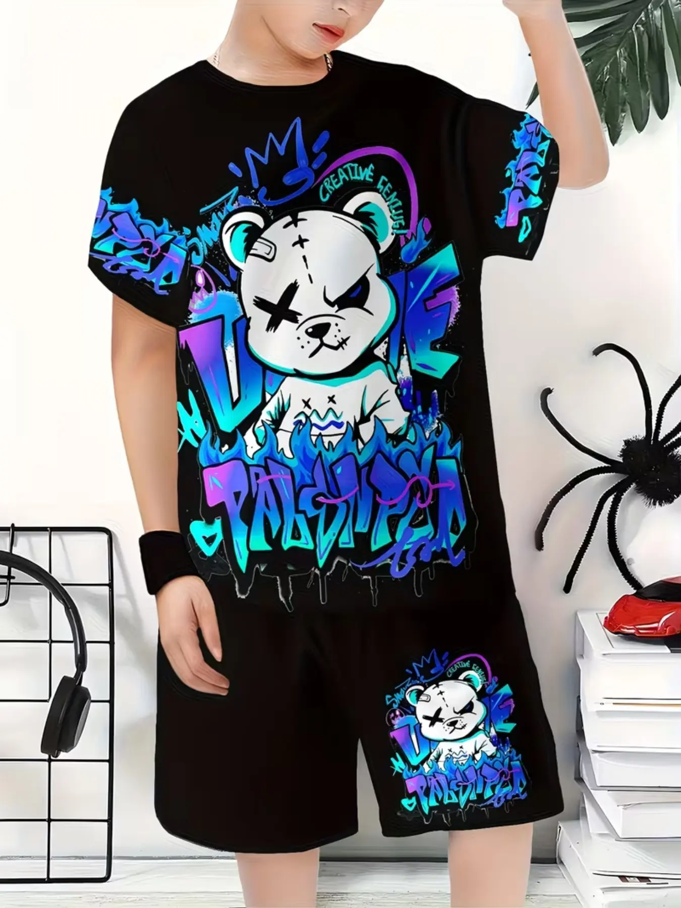 Boys' Cool and Stylish Clothes Kids Multi-Print Short Sleeve T-Shirt + Shorts Set, Casual Slim-Fit Outfits Set for Home and Outdoor Activities Summer Clothing Set