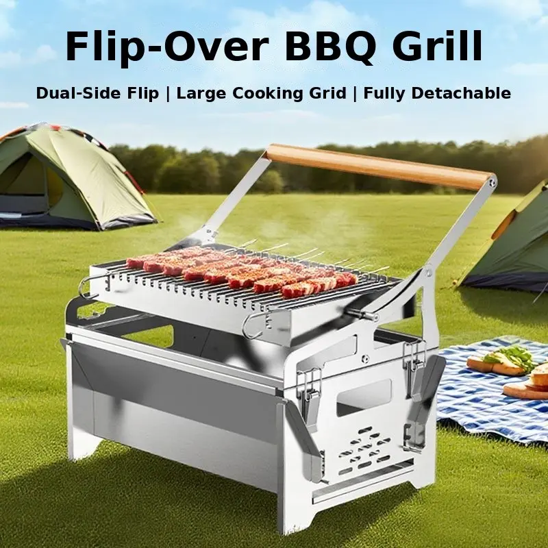 Portable Flip-Over Charcoal Grill, Portable Charcoal Bbq, Outdoor Cooking Barbecue – 304 Stainless Steel Portable Flip-Over Charcoal Grill, Portable Charcoal Bbq, Outdoor Cooking Barbecue – 304 Stainless Steel