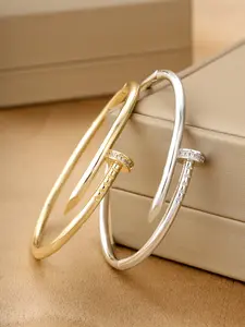 2pcs Copper Color Hand Bracelet Set, Gold & Silver Plated Zircon Jewelry, Anti-Discoloring Design, Perfect Gift for Girlfriend, Birthday Party Accessory