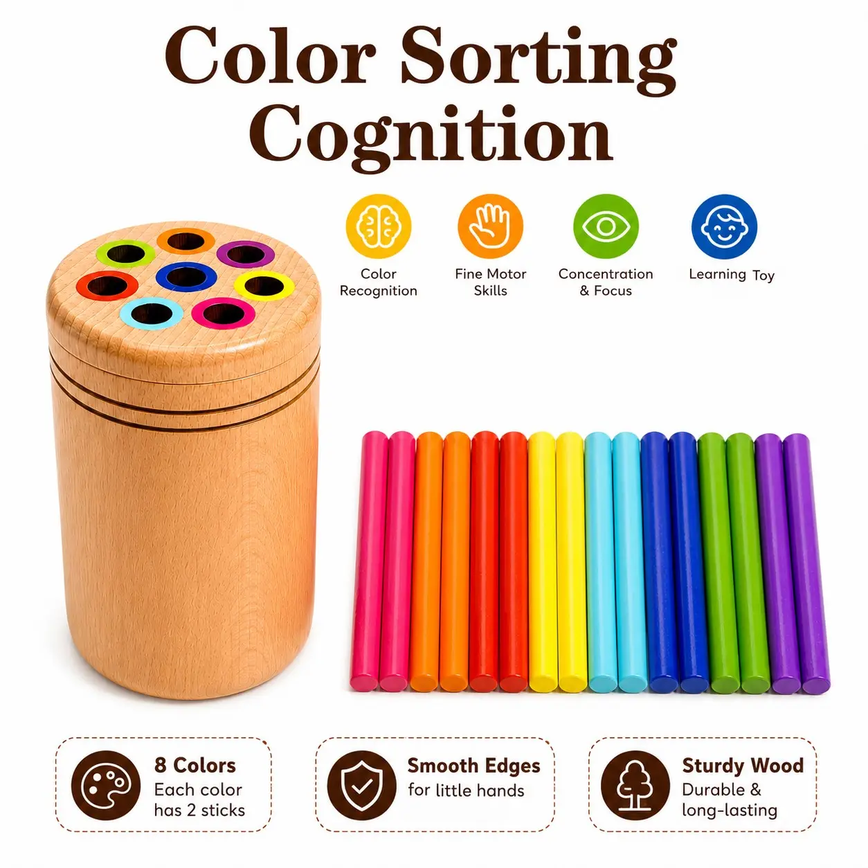 Wooden Color Sorting Cup, 1 Beech Cup Body and 16 Color Sticks, Hand-Eye Coordination Toy, Birthday Gift, Christmas Gift