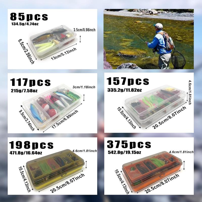 Artificial Fishing Lure Kit, 85, 117, 157, 198 or 375-Piece Fishing Lure Set with Spoon Lures, Soft Plastic Worms, Crankbait Jigs and Fishing Hooks, Fishing Accessories Artificial Fishing Lure Kit, 85, 117, 157, 198 or 375-Piece Fishing Lure Set with Spoon Lures, Soft Plastic Worms, Crankbait Jigs and Fishing Hooks, Fishing Accessories