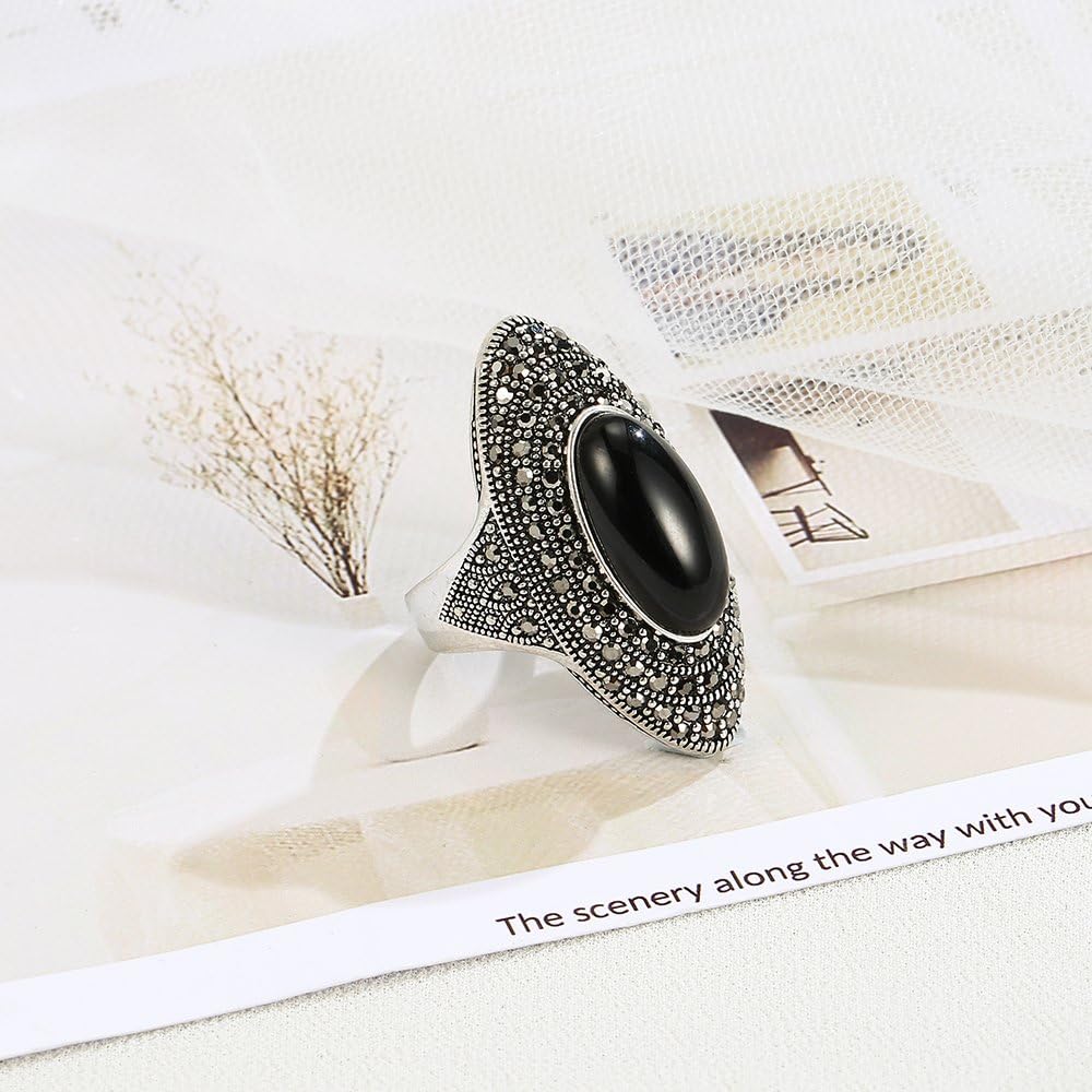 Vintage Cocktail Ring, Black Agate and Crystal Ring, Women's Antique Style, Silver Large Black Agate Ring, Surprise Gift, Gift for Women