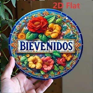 Aluminum 2D Flat Welcome Sign with Vivid Floral Design, Handmade Decorative Plaque and Hanging Wall Decor for Foyer, Home and Living Room Entryway