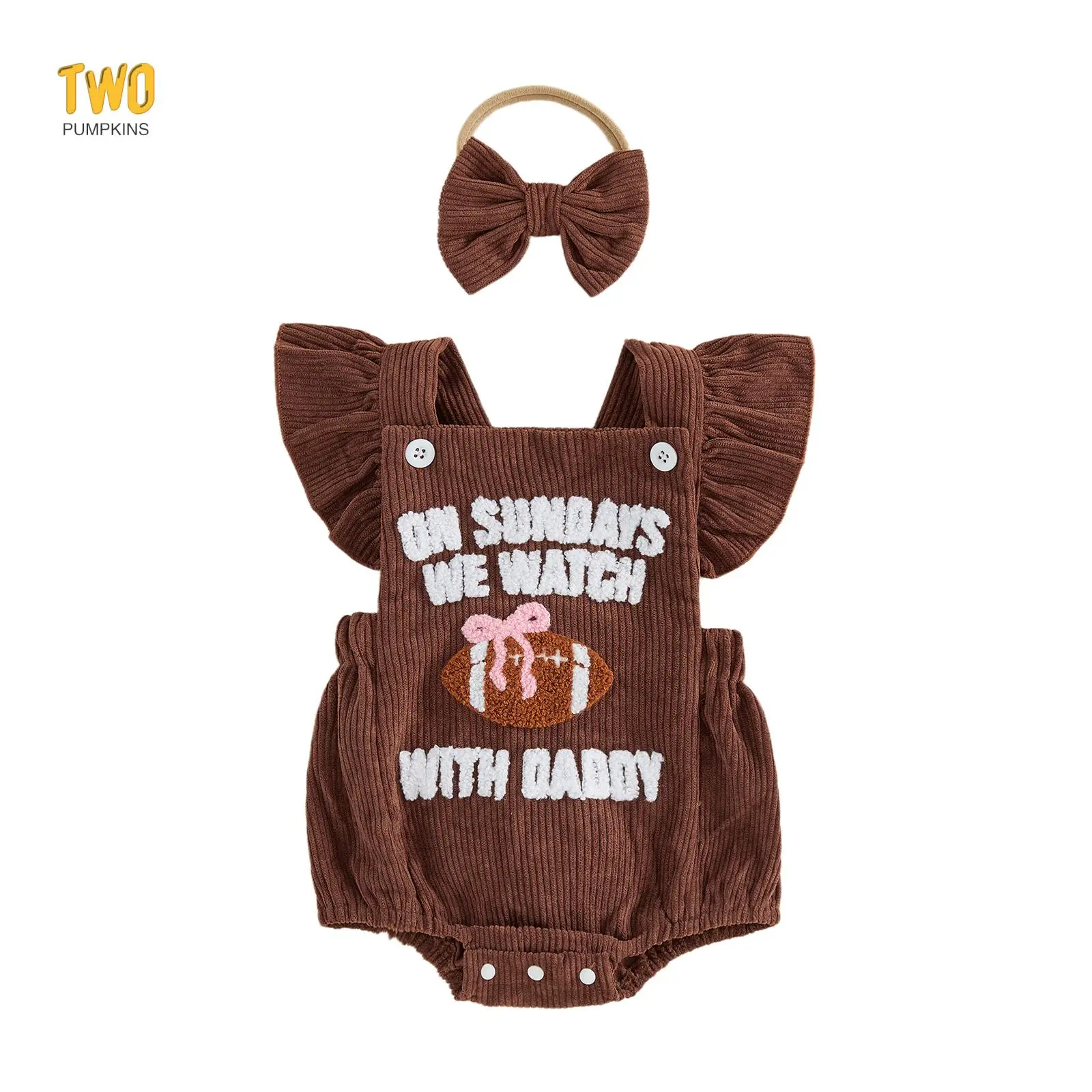 Newborn Football Romper Baby Girl Corduroy Overalls Infant Football Onesie Bodysuit Game Day Outfit With Headban