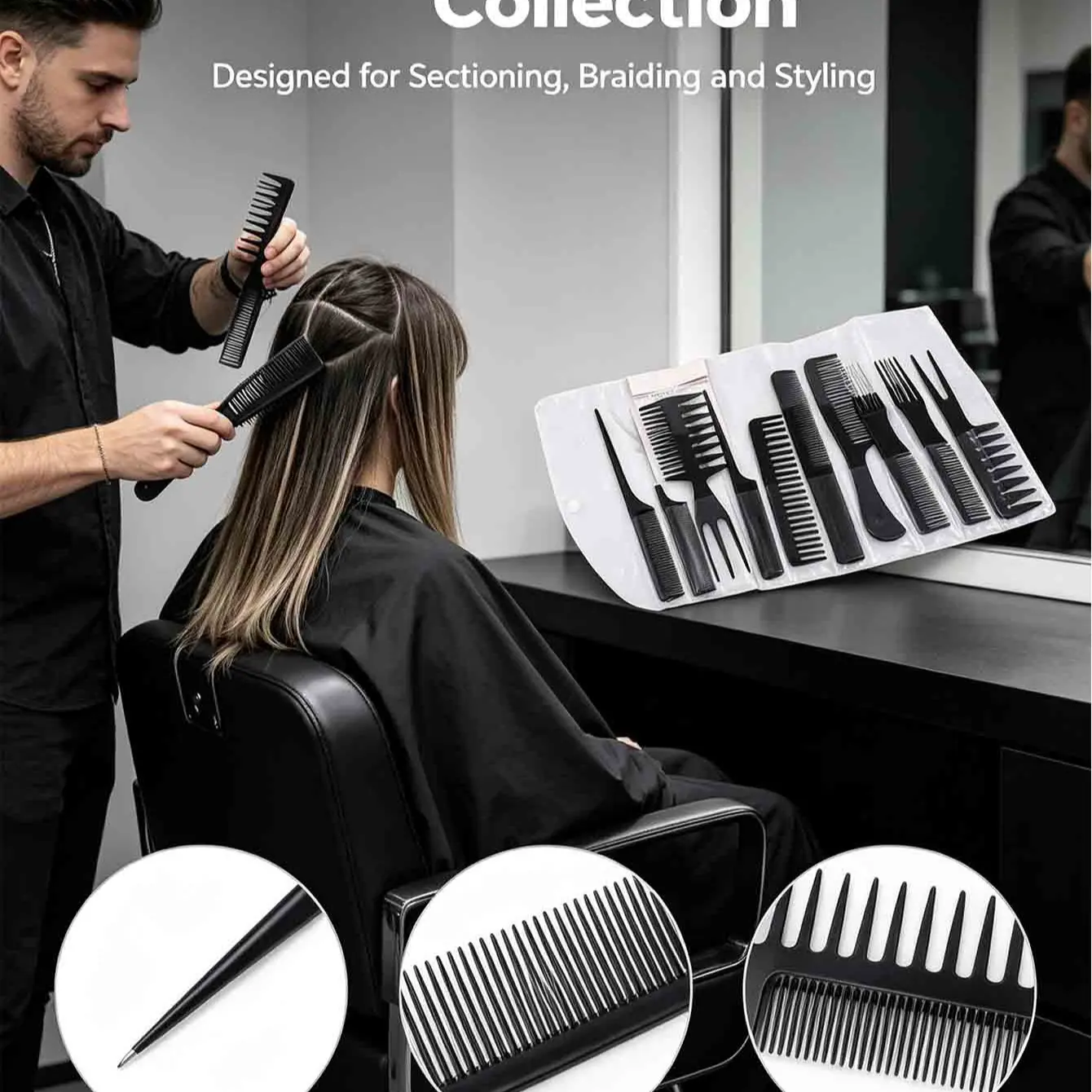 10-Piece Professional Hair Styling Comb Set, Multi-Functional Salon Barber Comb Kit, Portable Combs for Home, Salons, Travel Use, Hair Cutting Comb