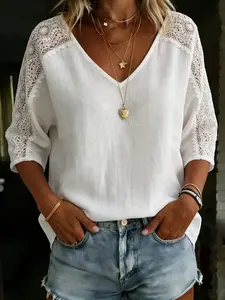 Women's V-Neck Lace Patchwork Batwing Sleeve Top, Loose Fit Slimming, Breathable Soft Fabric, Casual Summer Shirt, Versatile Style