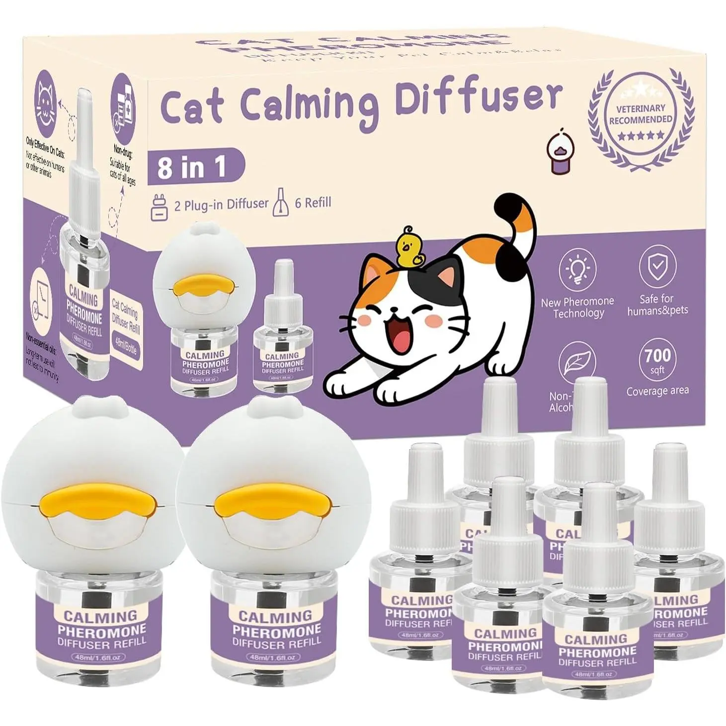 Cat Pheromone Calming Diffuser 8-in-1 Calm Kit - 2 Plug in Diffusers + 6 Refills for Cat Anxiety Stress Relief