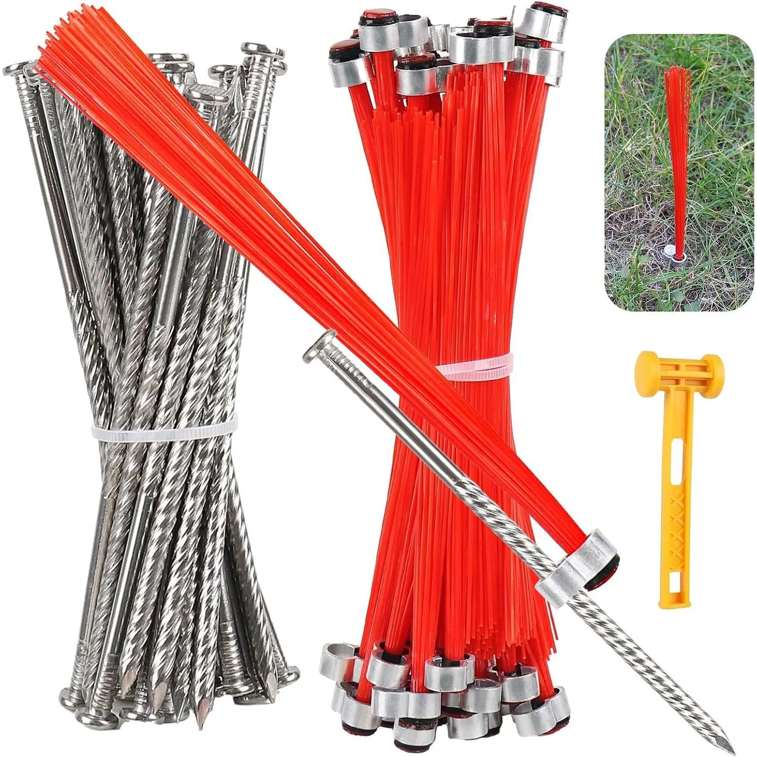 30 Pcs Ground Marking Whiskers Neon Orange Marking Whiskers with Lightweight Stakes Survey Property Line Markers for House Garden Lawn Landscape Ground Hunting Markers