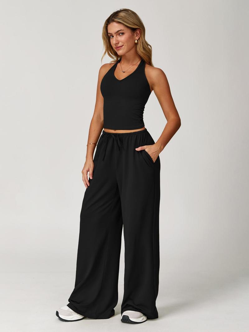 Women's Solid Halter Neck Top & Wide Leg Pants Sports Set, Casual Sleeveless Top & Pants for Daily Outdoor Wear, Ladies Sportswear for Tennis Running, Workout Clothes, Sporty Style Outfits