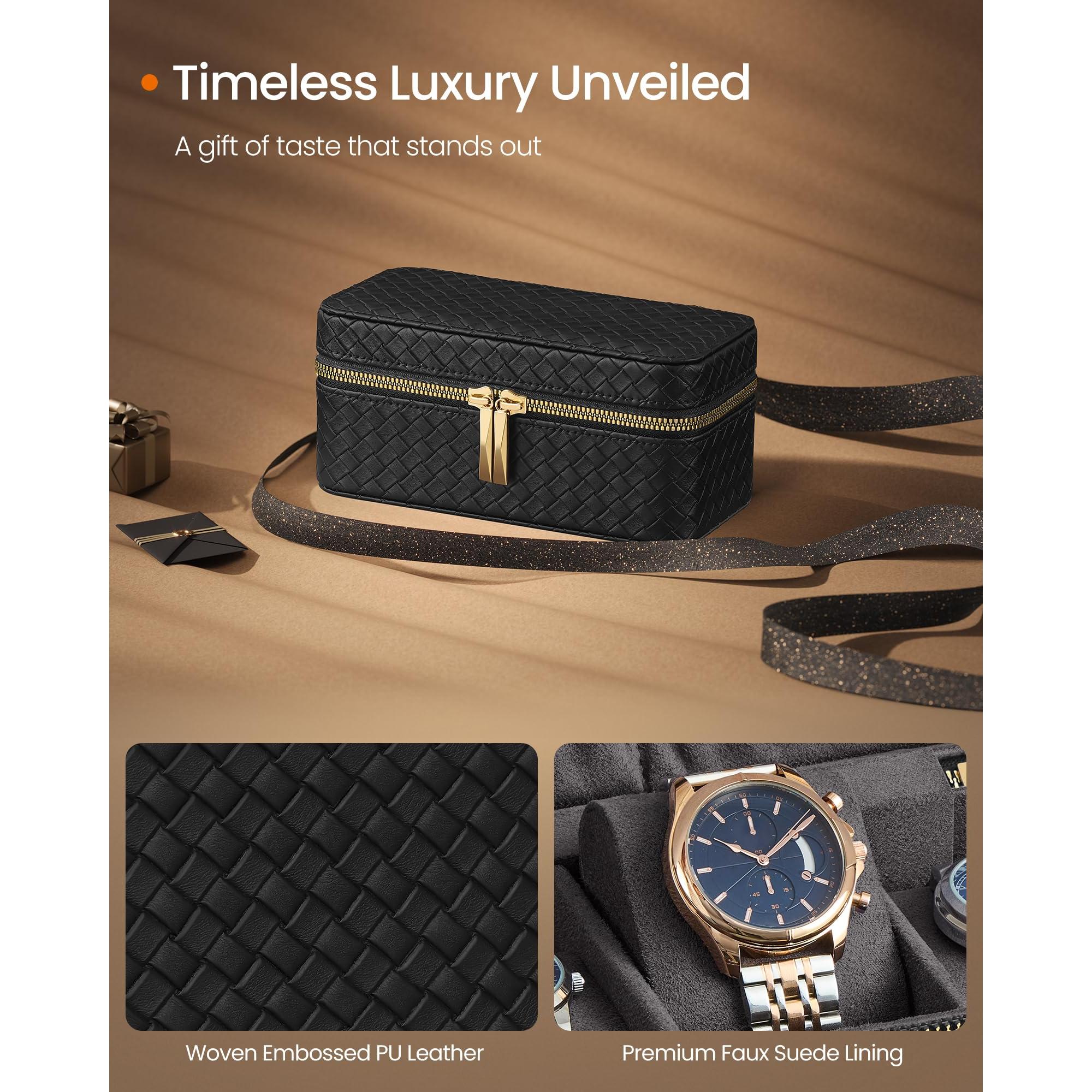 STYRKE  - 3-slot Mens Box  Watch Travel Case Pu Leather 3.9 X 7.9 3.5 Inches Gift Idea Ink Black Surface Slate Gray Lining Ujwb017g01