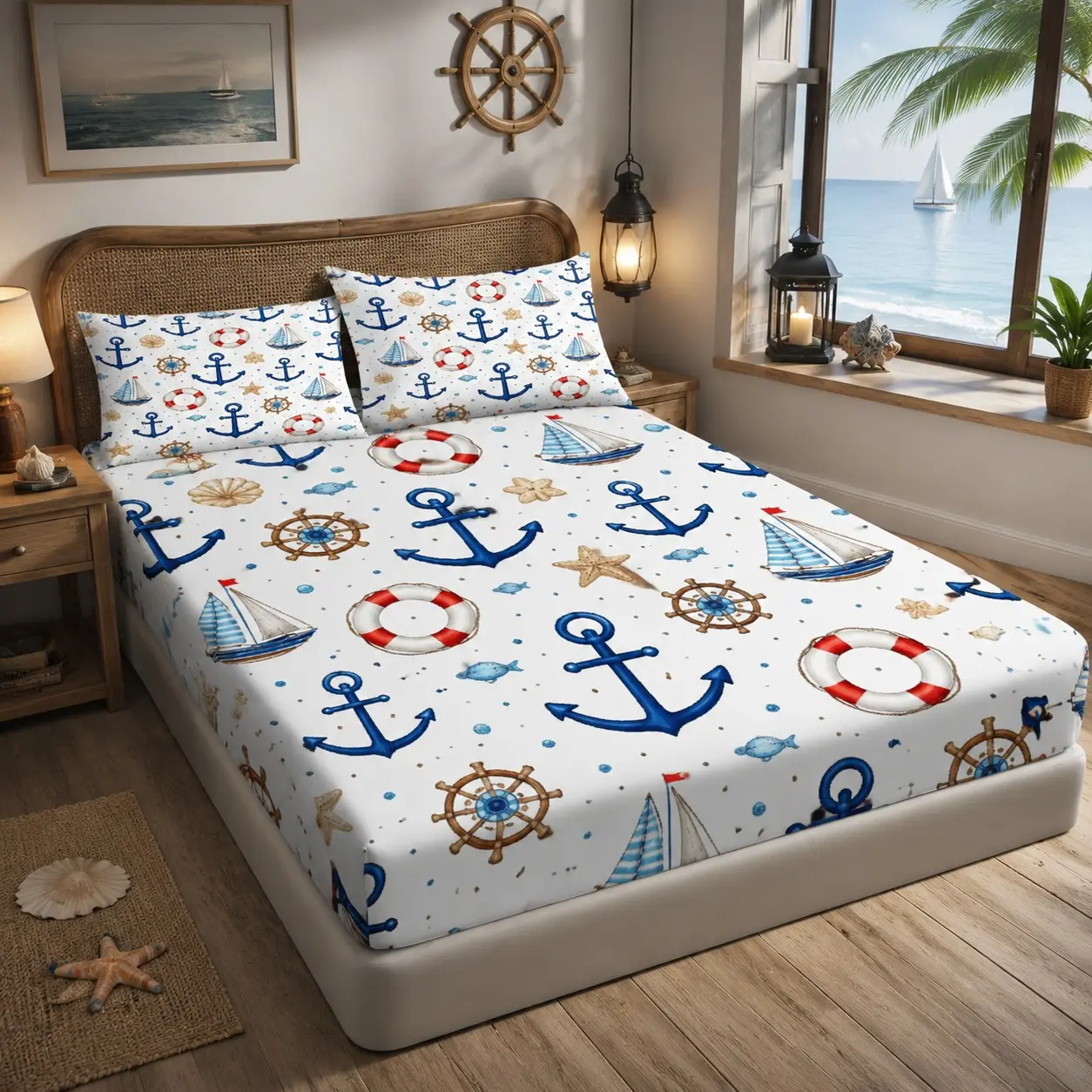 3-Piece Nautical Anchor Sail Bed Sheet Set, Ocean Theme, Soft Breathable Mattress Protector, 1 Bed Sheet + 2 Pillowcases, No Core
