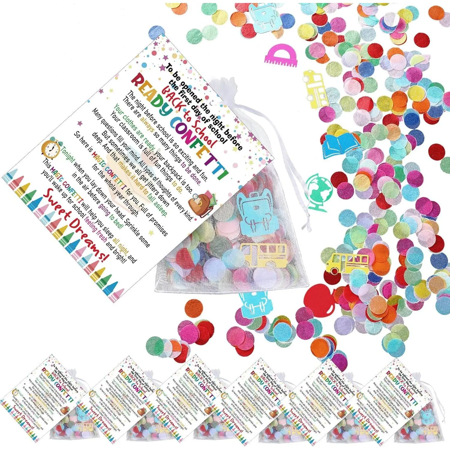 24 Sets Ready Confetti Back to School Supplies Jitter Glitter with Poem Cards Organza Bags First Day of School Confetti Anxiety Relief Favor Gifts for Teachers(Classic)