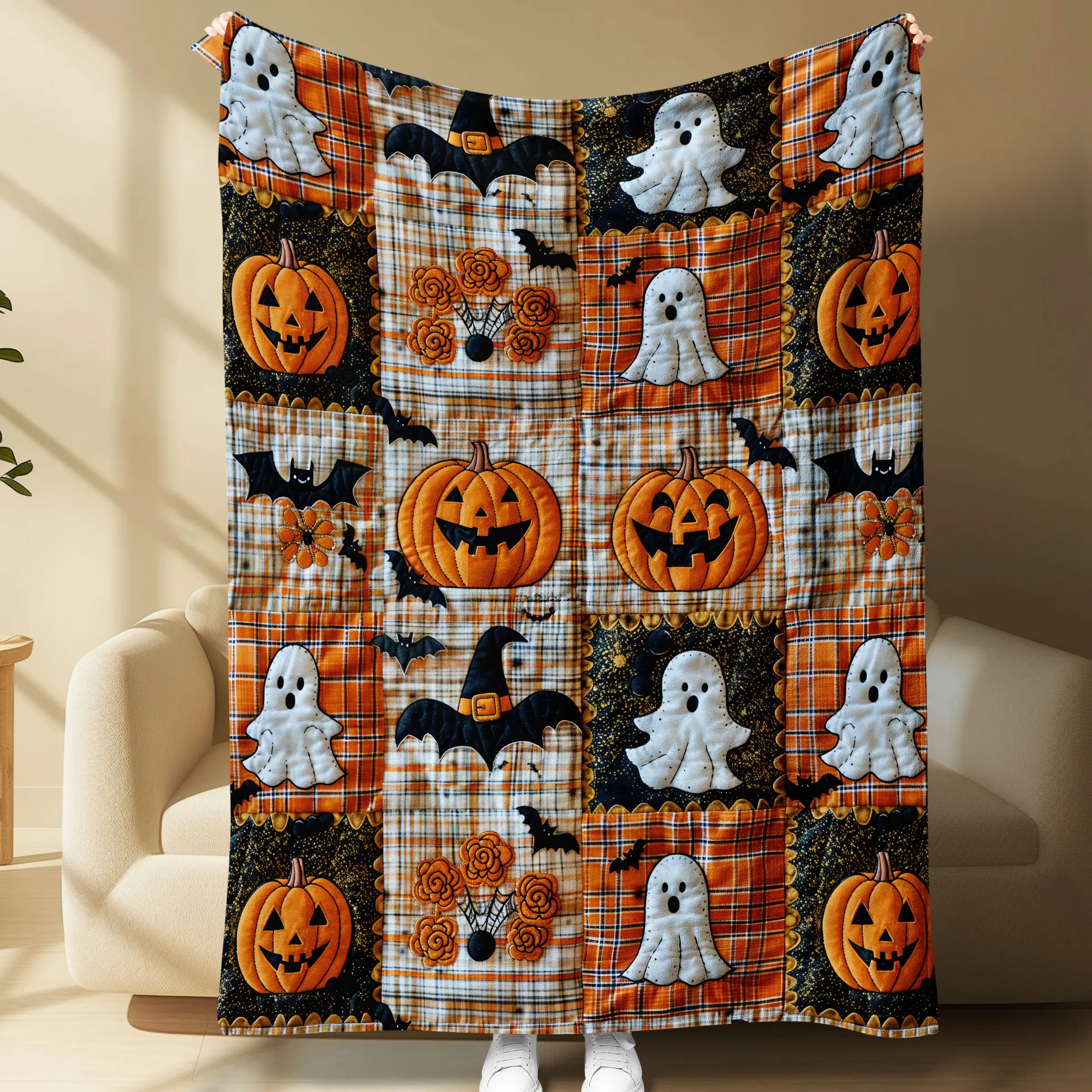 Cute Ghost Pumpkin Bat Plaid Patchwork Halloween Print Soft Comfortable Flannel Throw Blanket Warm Cozy Couch Bedroom Nap Home Blanket Kid Friendly Farmhouse Halloween Party Autumn Holiday Trick Or Treat Giftable Flannel Warm Throw Blanket