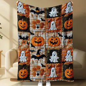 Halloween Pumpkin Ghost Bat Plaid Patchwork-style Print Blanket Soft Warm Throw Plush Blanket Fall Autumn Farmhouse Decor Bedroom Couch Nap Blanket Giftable Halloween Holiday Patchwork Blanket For Room Party Day Gift Popular Home Blanket