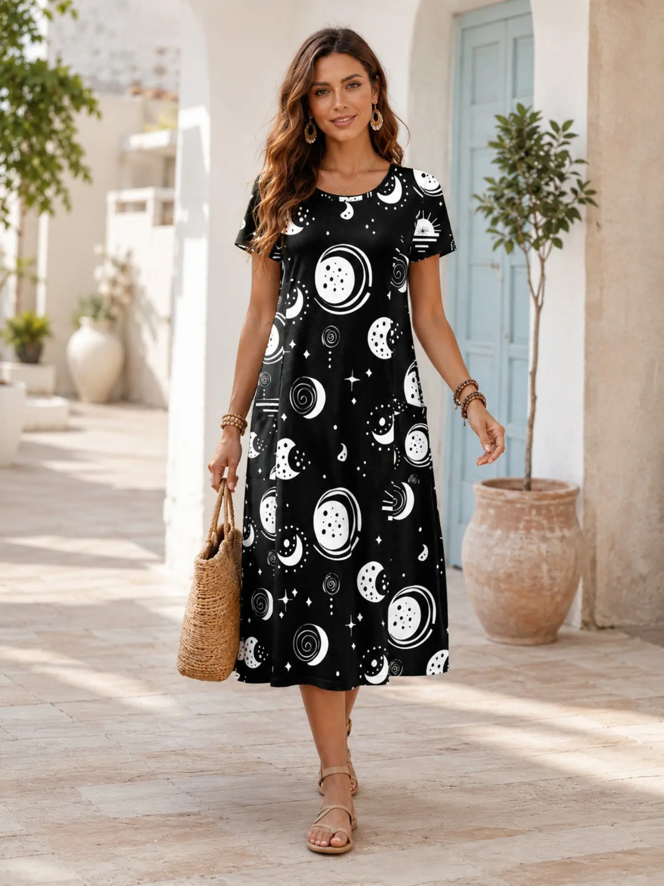 Women's Starry Night Print Loose Long Dress, Round Neck Short Sleeve Casual Dress, Front Pockets, Flowy Summer Dress for Daily and Vacation Wear