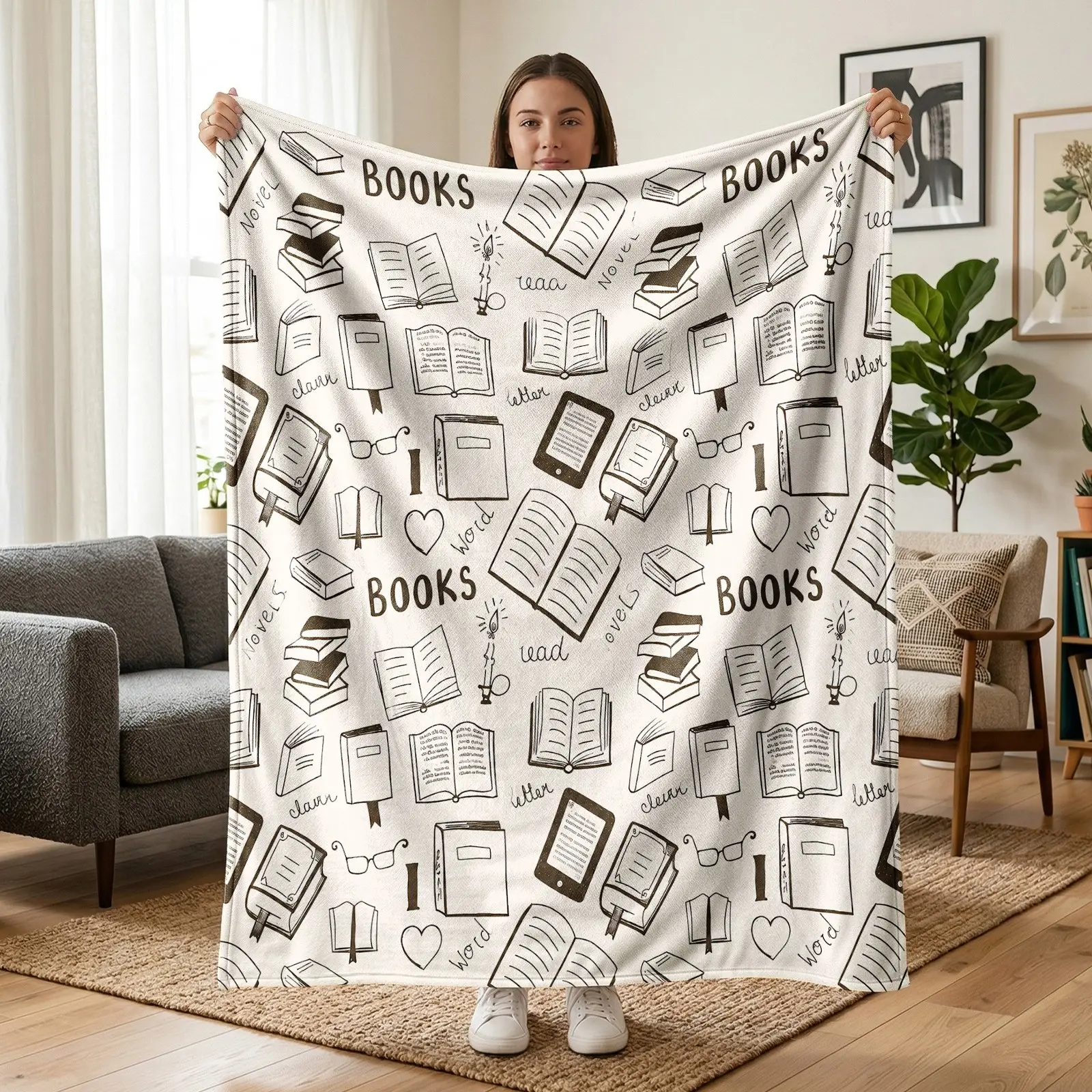 1pc Vintage Book Theme Flannel Blanket, Black White Literary Fleece Throw with Books, Open Pages, Glasses and Reading Elements, Minimalist Academic Style Cozy Blanket for Sofa, Bed, Office, Reading Room, Camping, Birthday & Christmas Gift