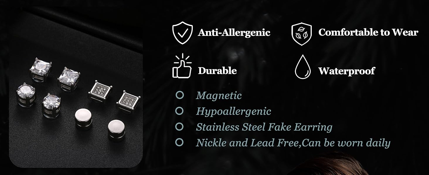 4Pairs Stainless Steel Magnetic Stud Earrings for Men Women Silver Tone CZ Non-Piercing Clip On Stud Earrings Set 6-8MM