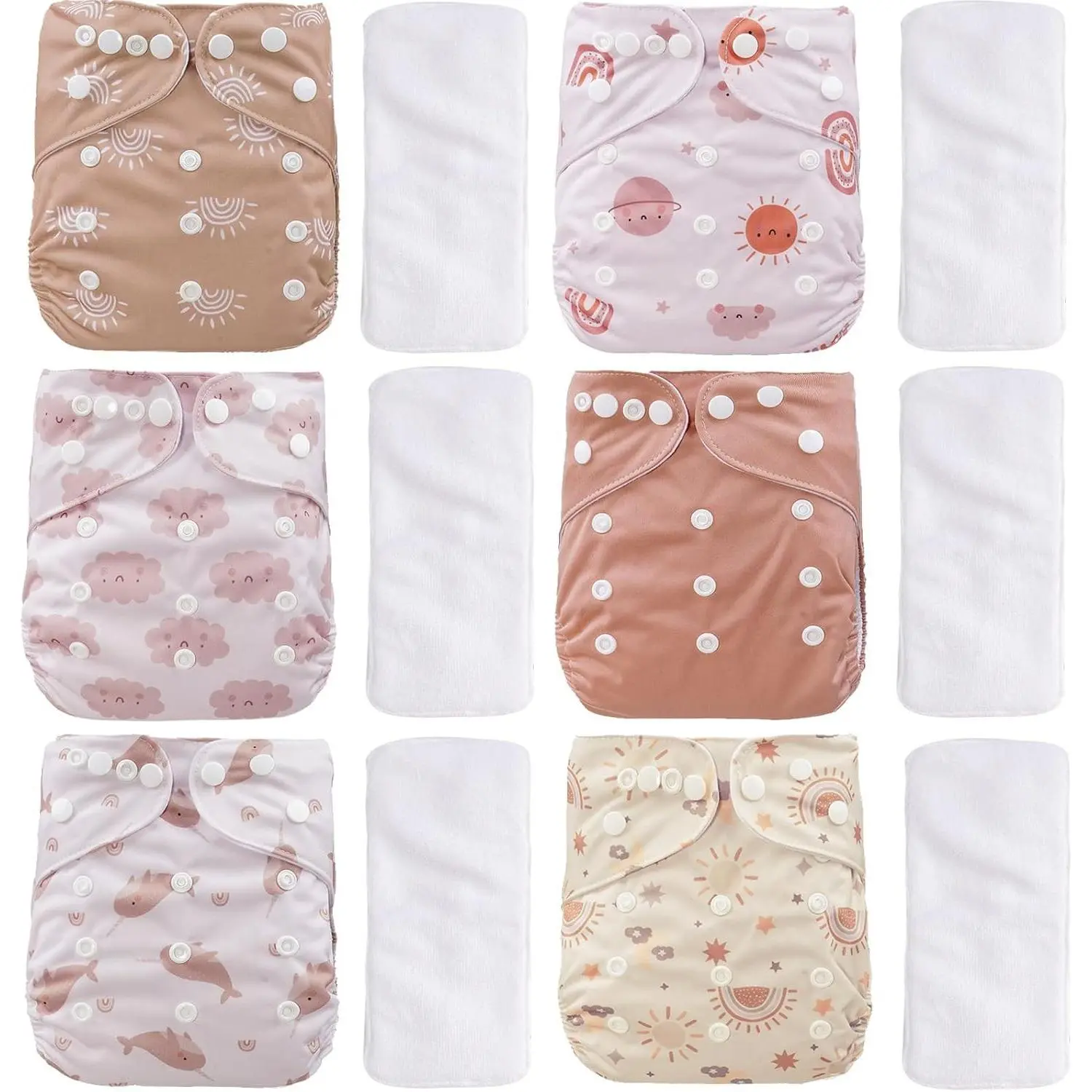 12 Set Reusable Adjustable Cloth Diapers for Newborn 0-3 Years, One Size Washable Pocket Nappy Covers for Baby Girl and Boy, 6 Pack Cloth Diapers + 6pcs Microfiber Inserts (Pink)