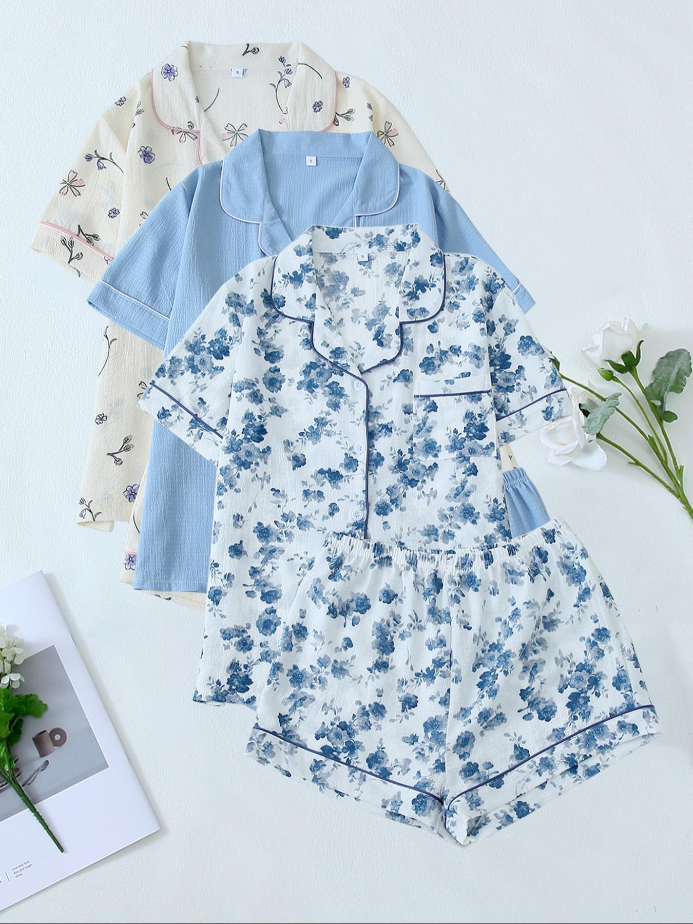 Women's Heart/All Over Fruit Print Contrast Binding Pyjama Set, Short-Sleeve Lapel Neck Button Up Top & Elastic Waist Shorts PJ Set, Casual Comfy Loungewear Set for Women, Nightwear Pajamas