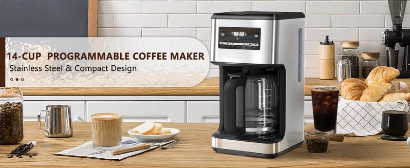 Kismile Coffee Maker, 14-Cup Programmable Drip Coffee Makers Machines with Timer, Reusable Filter & Keep Hot Plate, Auto Pause, Self-Cleaning, Stainless Steel
