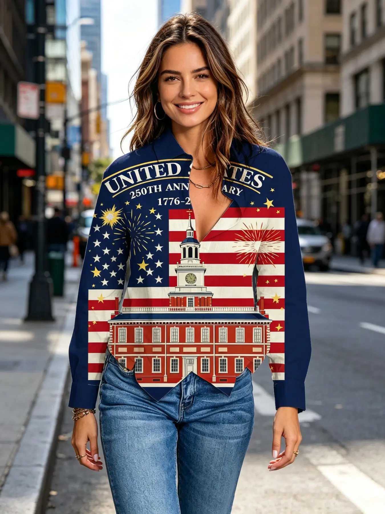 2026 New Women's American Independence Hall 250th Anniversary Long Sleeve Shirt, 1776 Flag Fireworks Star Retro Collar Blouse