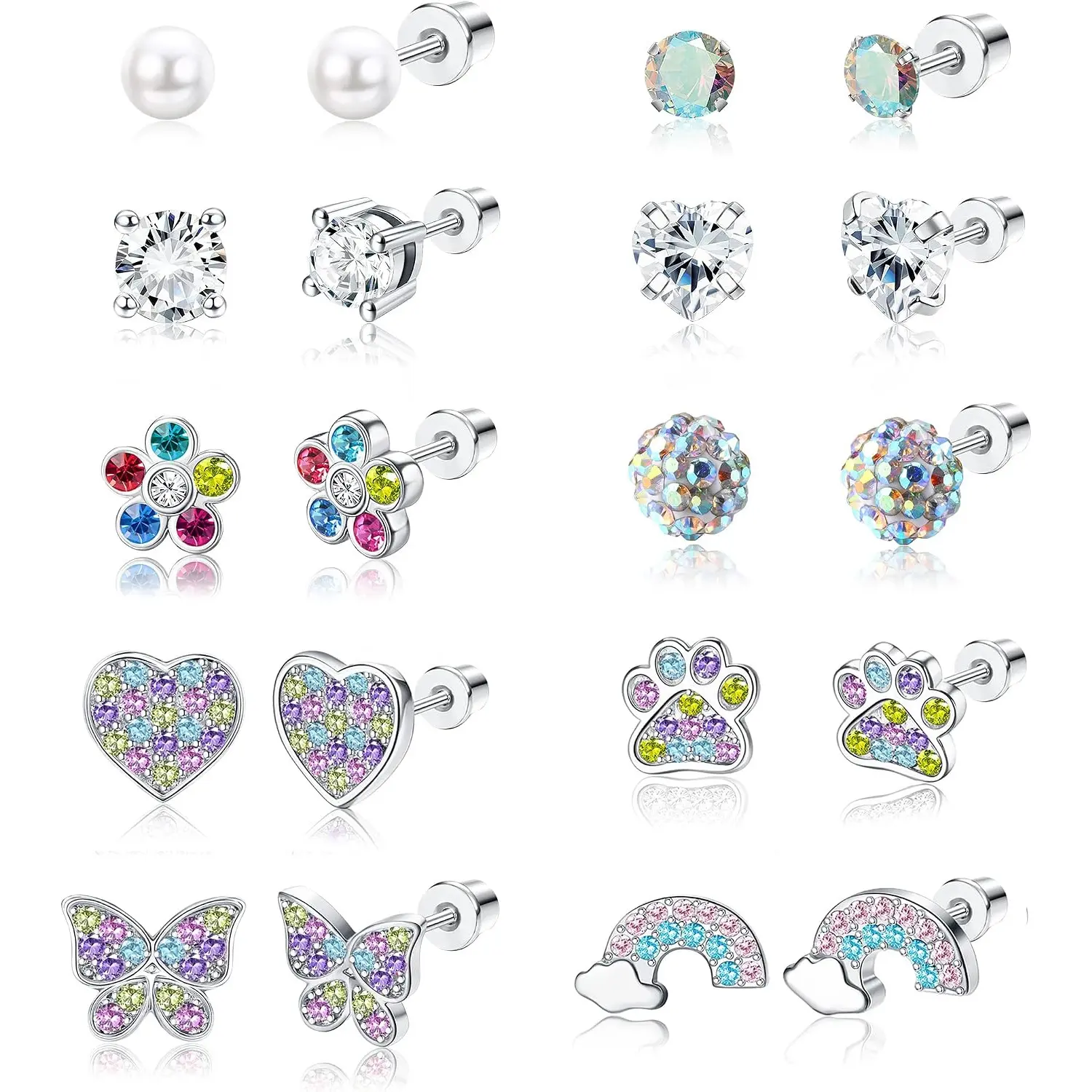 10 Pairs Hypoallergenic Screw Back Stud Earrings for Women & Teens, 316L Stainless Steel CZ Heart Screw Back Earrings, Multi-Color Flower Butterfly Earrings Set