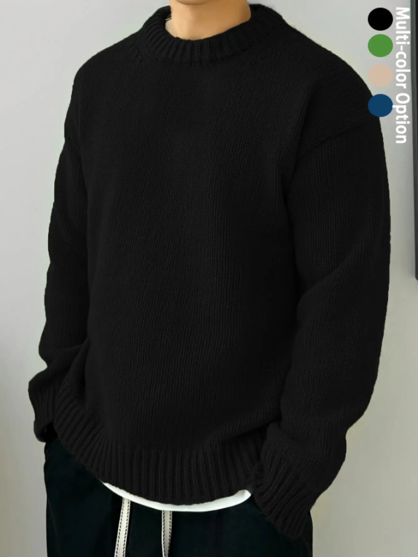 Men's Knit Sweater Crew Neck Long Sleeve Chunky Textured Pullover, Solid Color Ribbed Cuffs Hem Relaxed Drop Shoulder Warm Soft Cozy Knitwear, Fall Winter Casual Streetwear Old Money Minimalist Tops For Men, Daily Commute Date Campus Travel